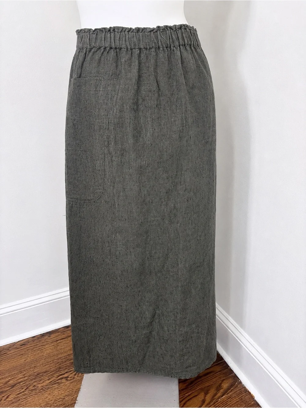 FLAX Jeanne Engelhart 100% Linen Maxi Skirt Olive Green M One Pocket